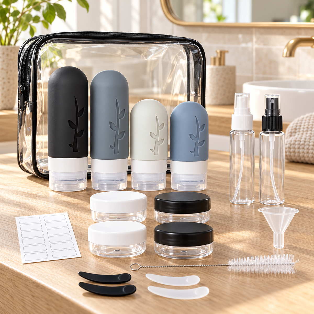 Refillable Travel Toiletry Bottle Set with Clear Pouch