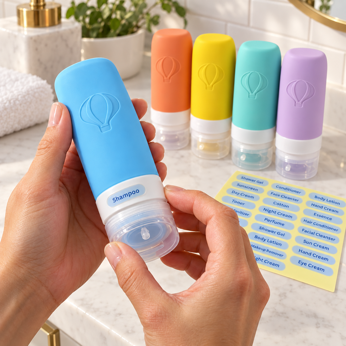Travel Toiletry Bottles with Rotating Labels 5 Pack 90ml