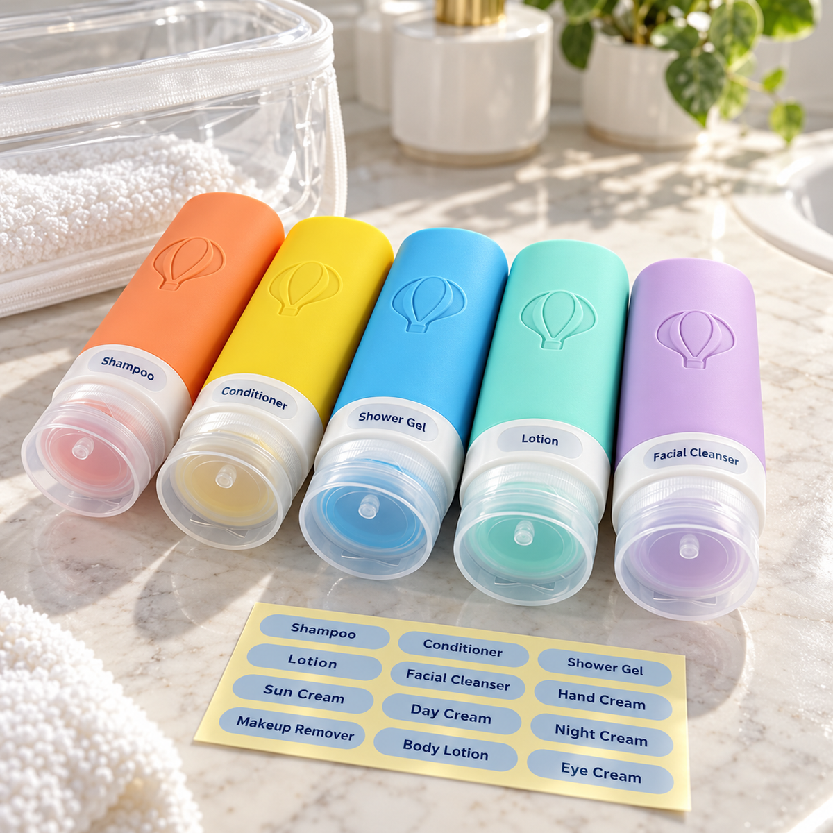 Travel Toiletry Bottles with Rotating Labels 5 Pack 90ml